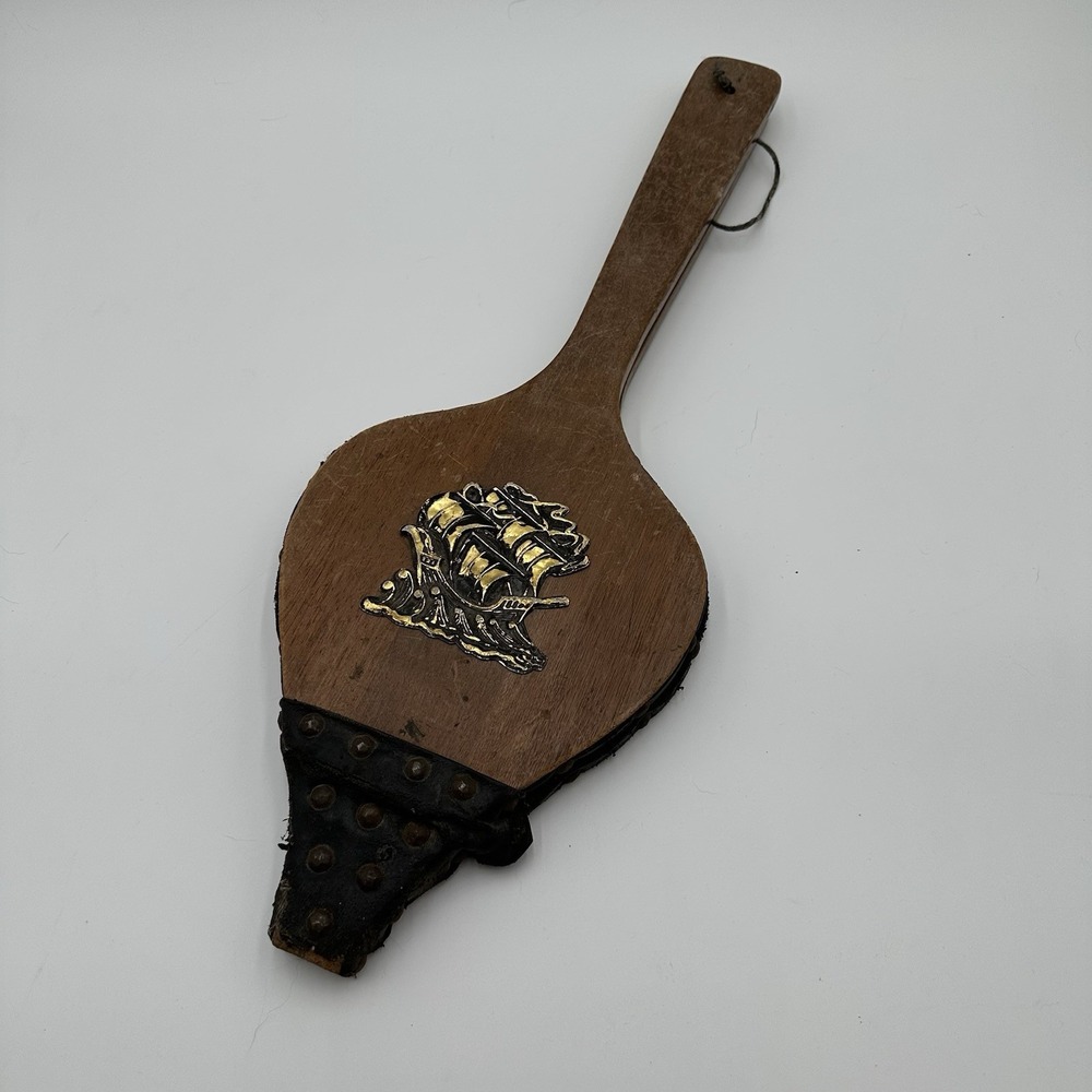 Vintage Fireplace Bellows Viking Ship Wood Leather Brass Rivets Hearth Decor